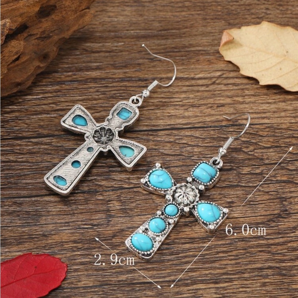 Turquoise Cross Dangle Earrings - Picture 3 of 4